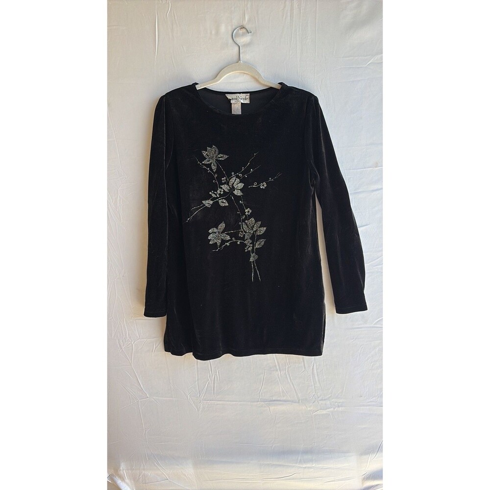 Vintage Ronni Nicole Black Stretch Velvet Floral Glitter Long Sleeve Top